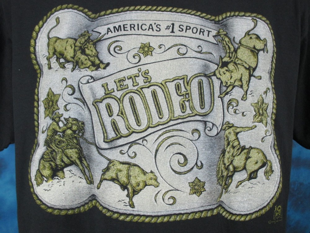 vtg 80s COWBOY LET’S RODEO T-Shirt M/L single stitch thin horse bull buckle