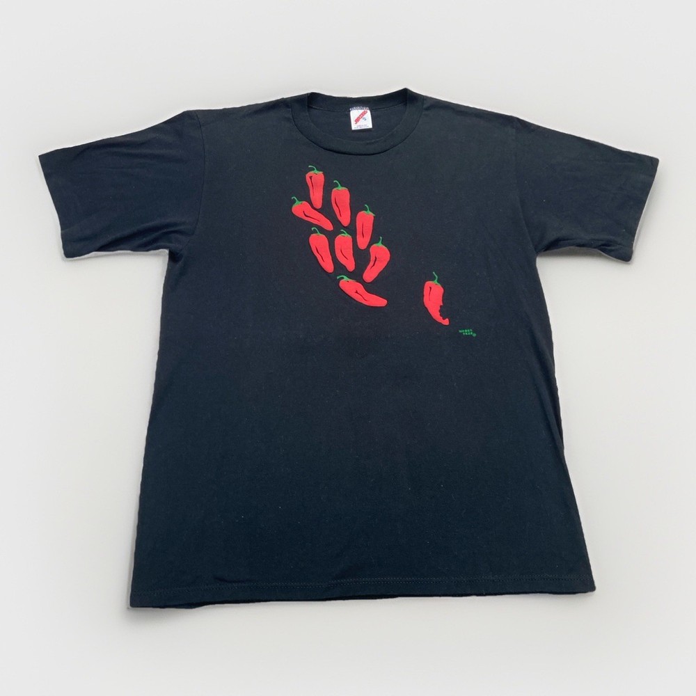 Vintage Red Chili Pepper Shirt Mens M Black Model Tees 90s 80s Puff Paint