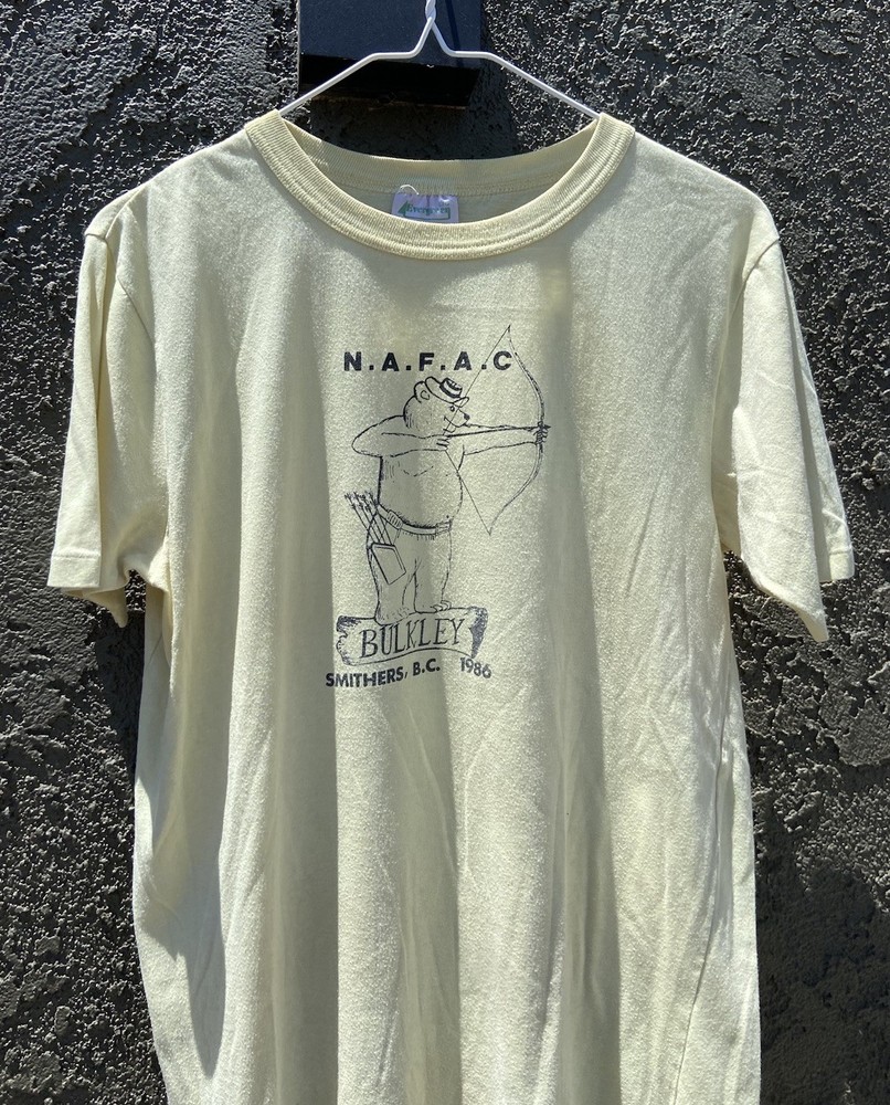 True Vintage 80s N.A.F.A.C Archery T Shirt Sz L Bulkley Smithers B.C Yellow USA