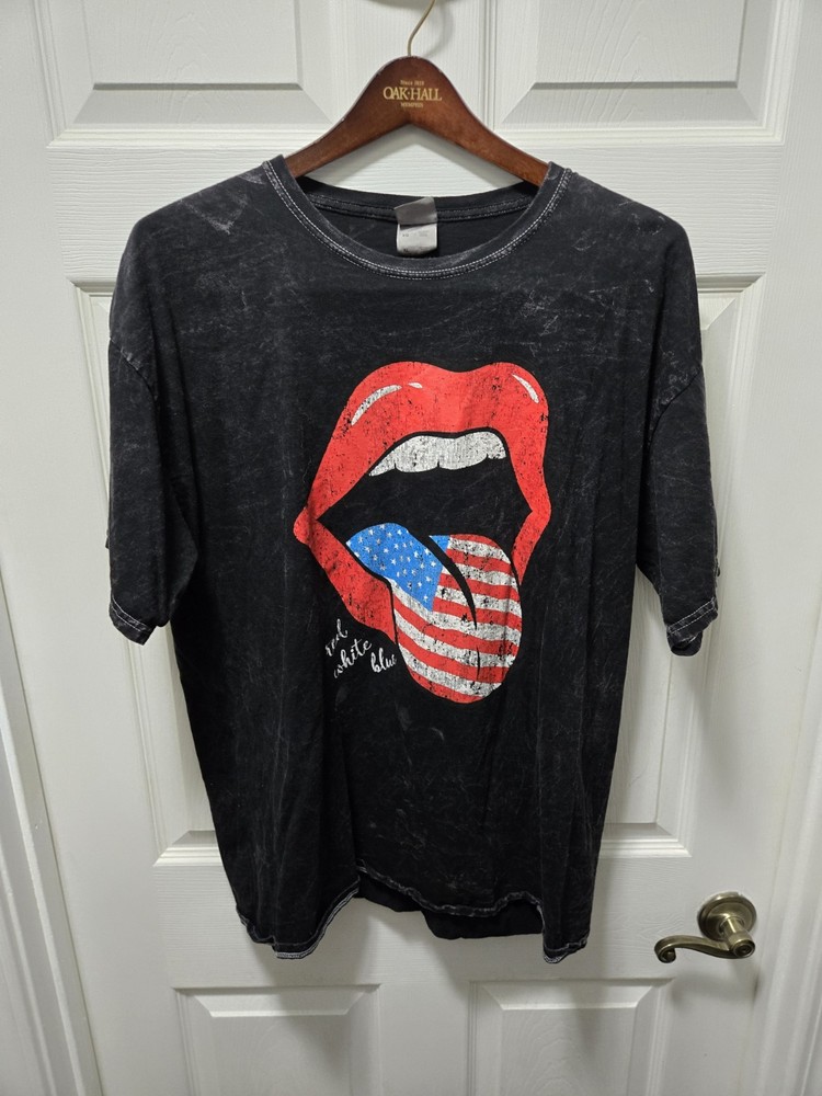 The Rolling Stones Black Mineral Wash T-Shirt Size XL Red White And Blue