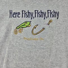 Here Fishy Fishy Embroidered Fishing Size XL Fruit Of The Loom T-Shirt Mens Gray
