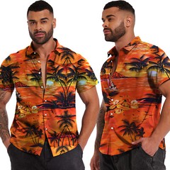 Men Hawaiian Shirts Floral Palm Tree Sunset Surf Beach Party Holiday Stag Dance