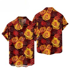 Mens Button Down Black Red Rose Floral Print Hawaiian Top Novelty Summer Shirt