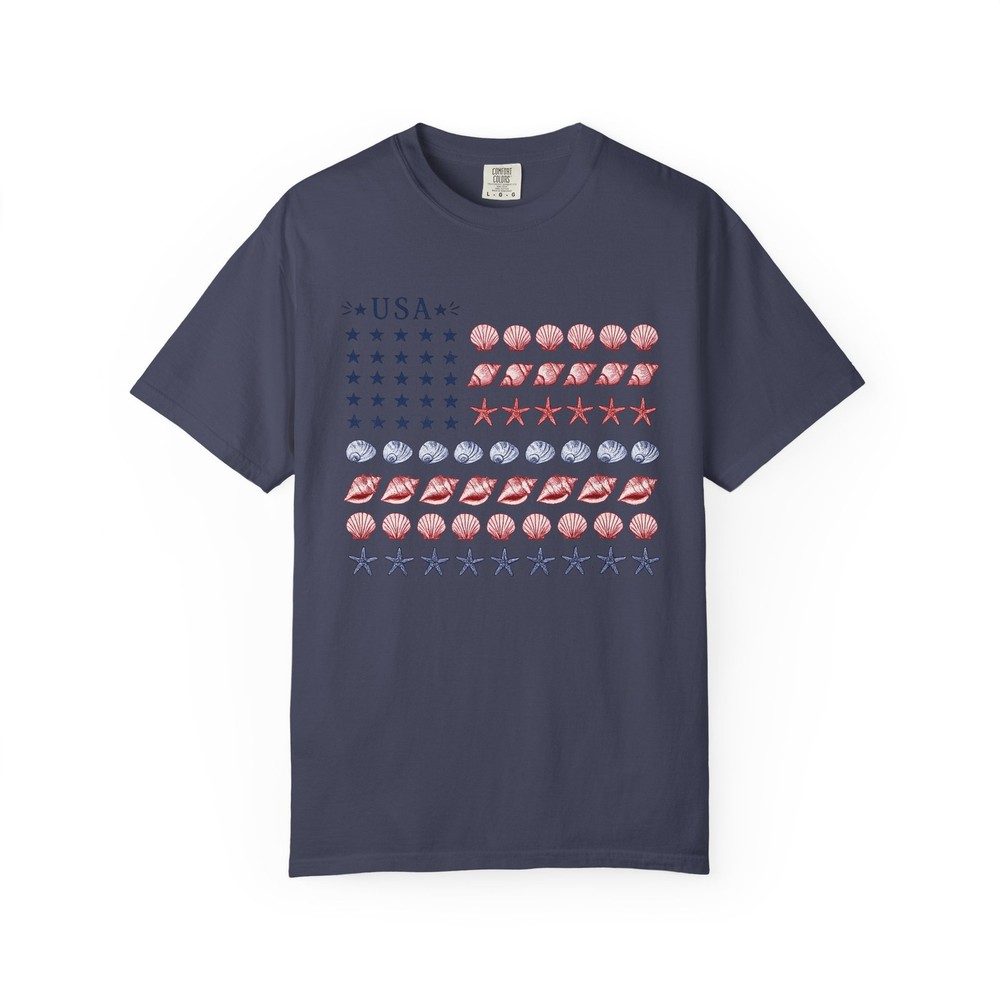 Coastal USA Flag Shirt, Patriotic Seashell Tee, Comfort Colors Beach Top