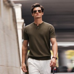 Henry Collar Short-Sleeved Knitted Sweater Men Breathable Summer Fashion