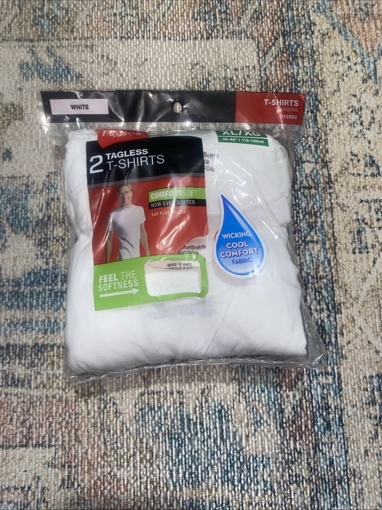 Mens XL/XG Hanes Tagless TShirts 2 Pack White Comfort Soft Wicking Fabric