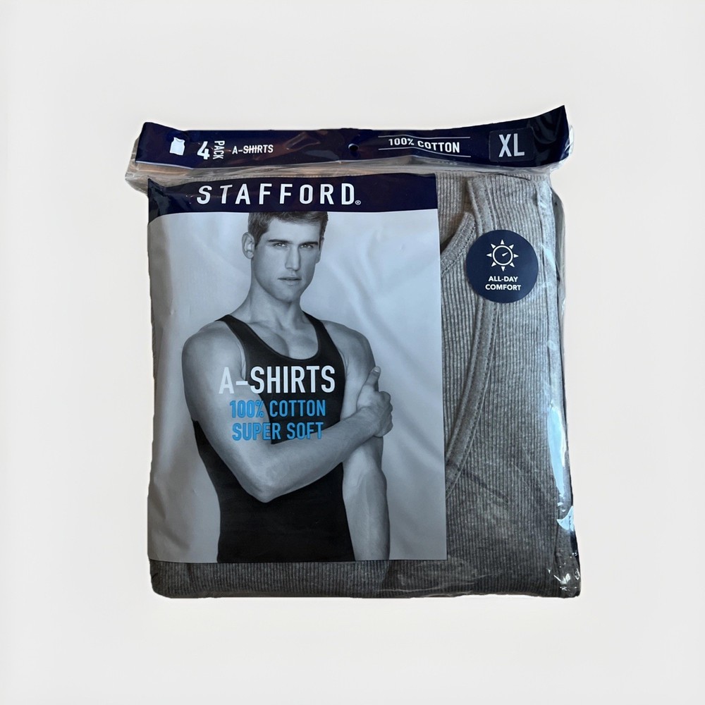 Stafford Men’s 4-Pack | 100% Cotton Ribbed Tank Top A-Shirts | 2 Black – 2 Grey