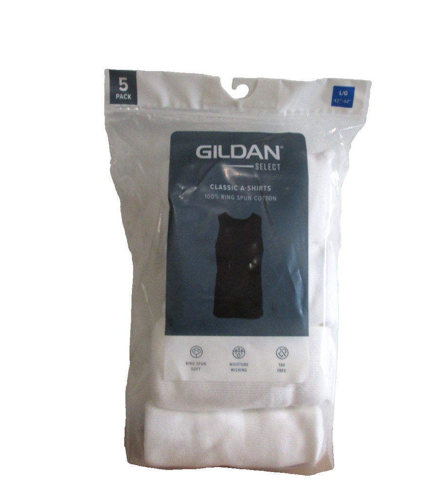 New Men’s Gildan Select 5 Pack Tag Free White Cotton A-Shirts Tank Tops Lg 42-44