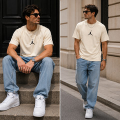 Air Jordan Men’s Casual Tee, L-4XL, Black/White/Beige, Basketball Logo