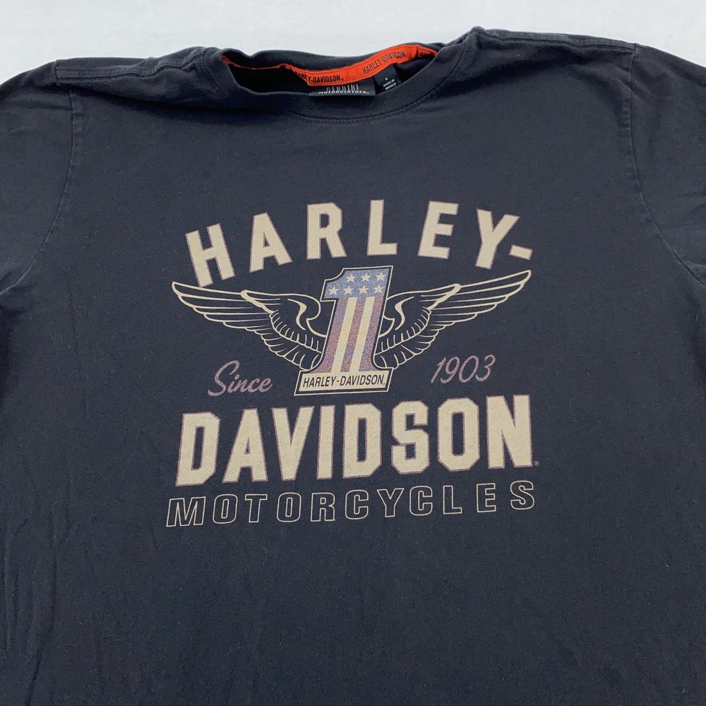 Harley-Davidson Shirt Mens Large Black Winged Number 1 Logo Motorcycle Tee Biker