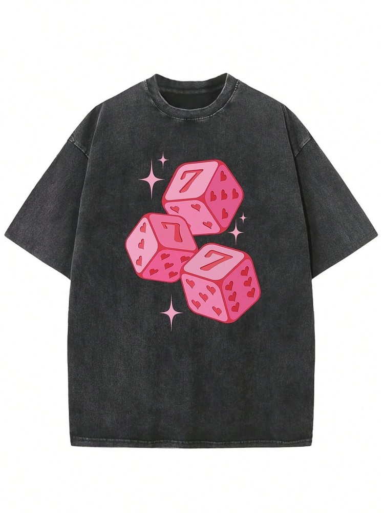 Pink Heart Retro Tee Y2K Lucky Triple 7 Dice Sparkle Graphic Casual T-Shirt