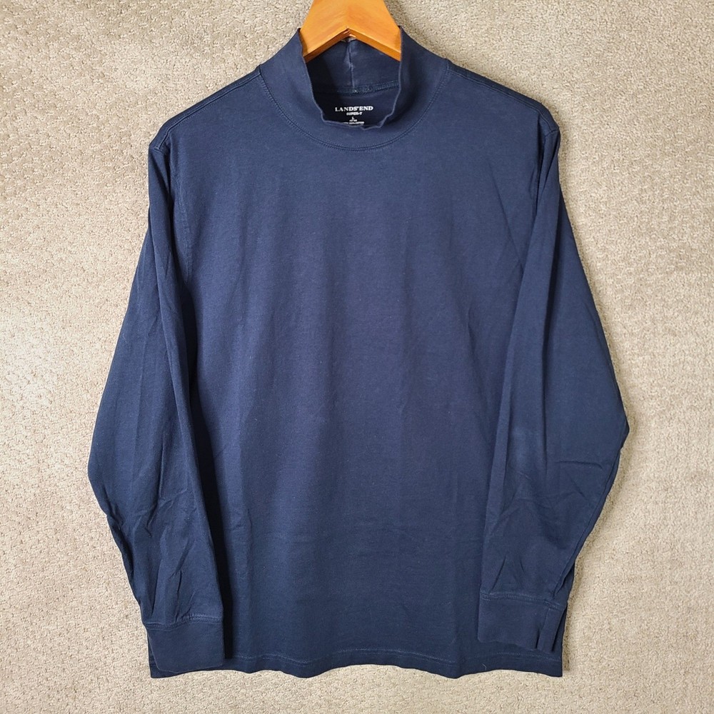 Lands End Shirt Mens L Navy Blue Mock Neck Super-T Cotton Long Sleeve Casual