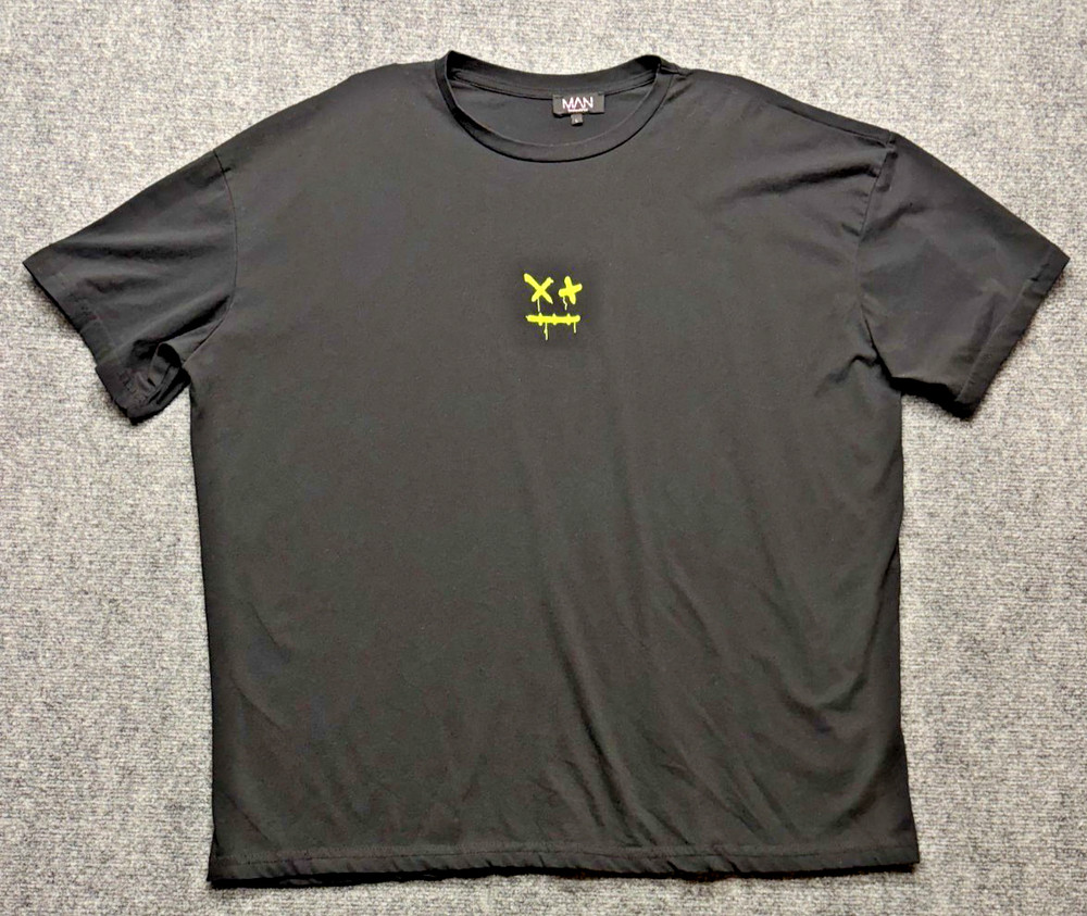 MAN Black T-Shirt Men’s XL Neon Yellow Dripping Smiley Face Graphic Short Sleeve