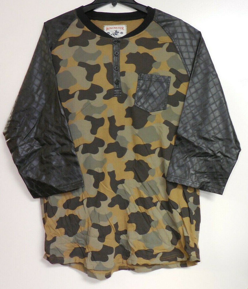 Winchester Men’s 3/4 Sleeve Synthetic Leather Cotton Camouflage Henley Shirt
