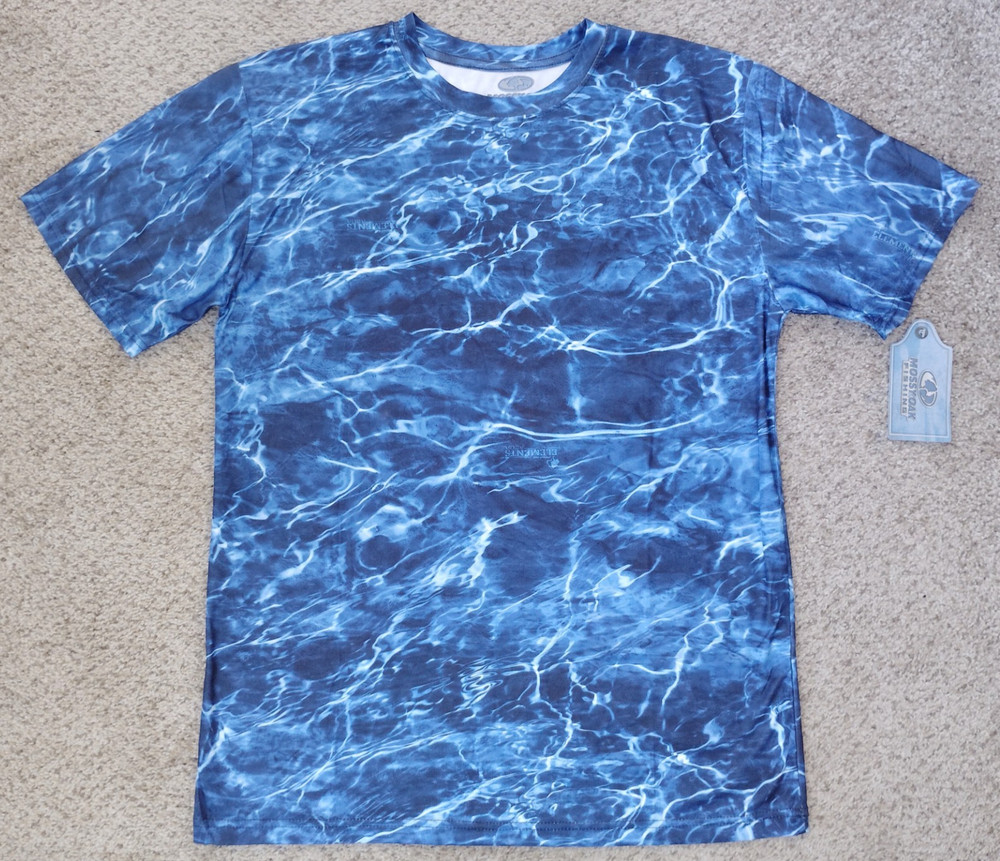 Mossy Oak Fishing Shirt Mens L Crew T-shirt Short Sleeve Elements Aqua Blue Camo