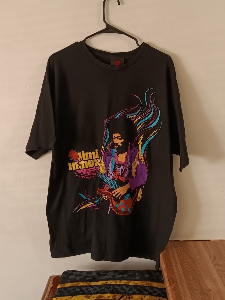 JIMI HENDRIX Black T-shirt, Blue Purple Pink Yellow Graphic, Guitar, Size XL