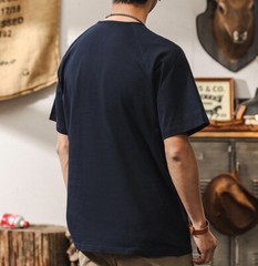 American retro T-shirt men short-sleeved summer Henry collar Navy blue