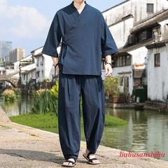 Retro Chinese Style Men’s 3/4 Sleeve Shirt Top Ankle Pants Casual Loose 2pcs Set
