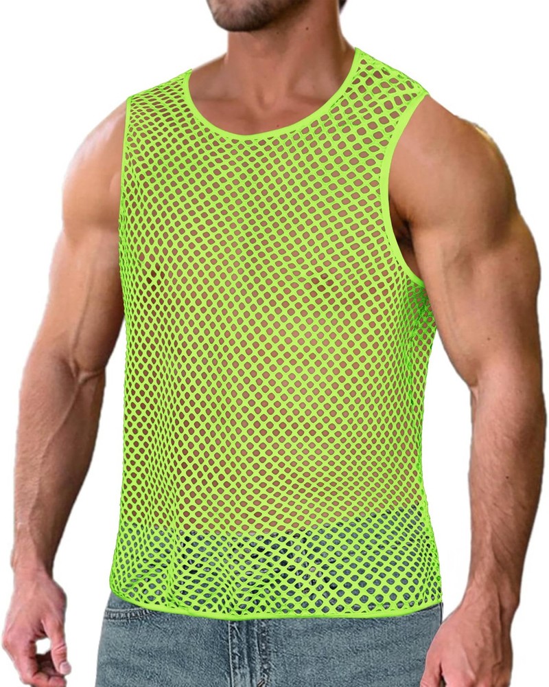 Mesh Fishnet Tank Tops See Through Sleeveless Muscle Rave Shirts for Men(Fluo…