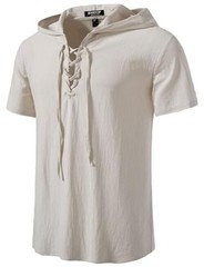 Men’s Cotton Vintage Hooded Design Short Sleeve Lace up Shirts X-Large Beige