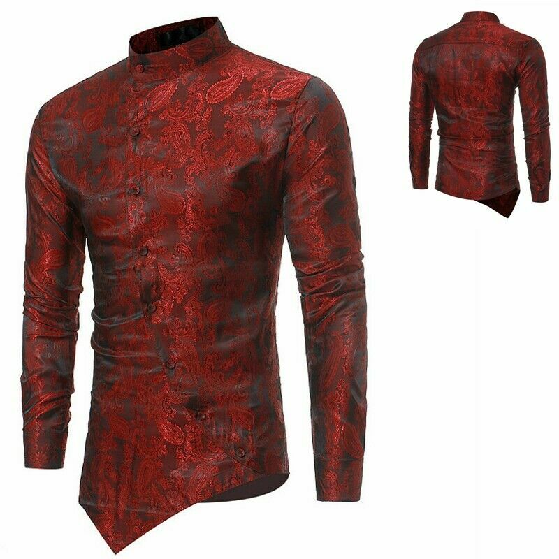Men Printed Shirt Vintage Long Sleeve Grandad Collar Top Asymmetric Hem Slim YM0