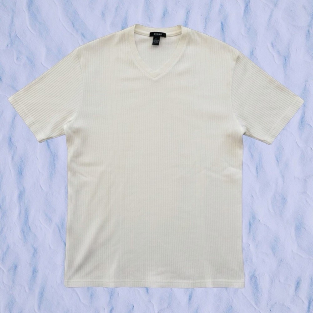 Alfani Mens L Off-White Ribbed V-Neck T-Shirt Short Sleeve Cotton