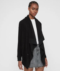 All Saints Drape Brushed Jacket Black Designer Open Front Pockets Waterfal Front