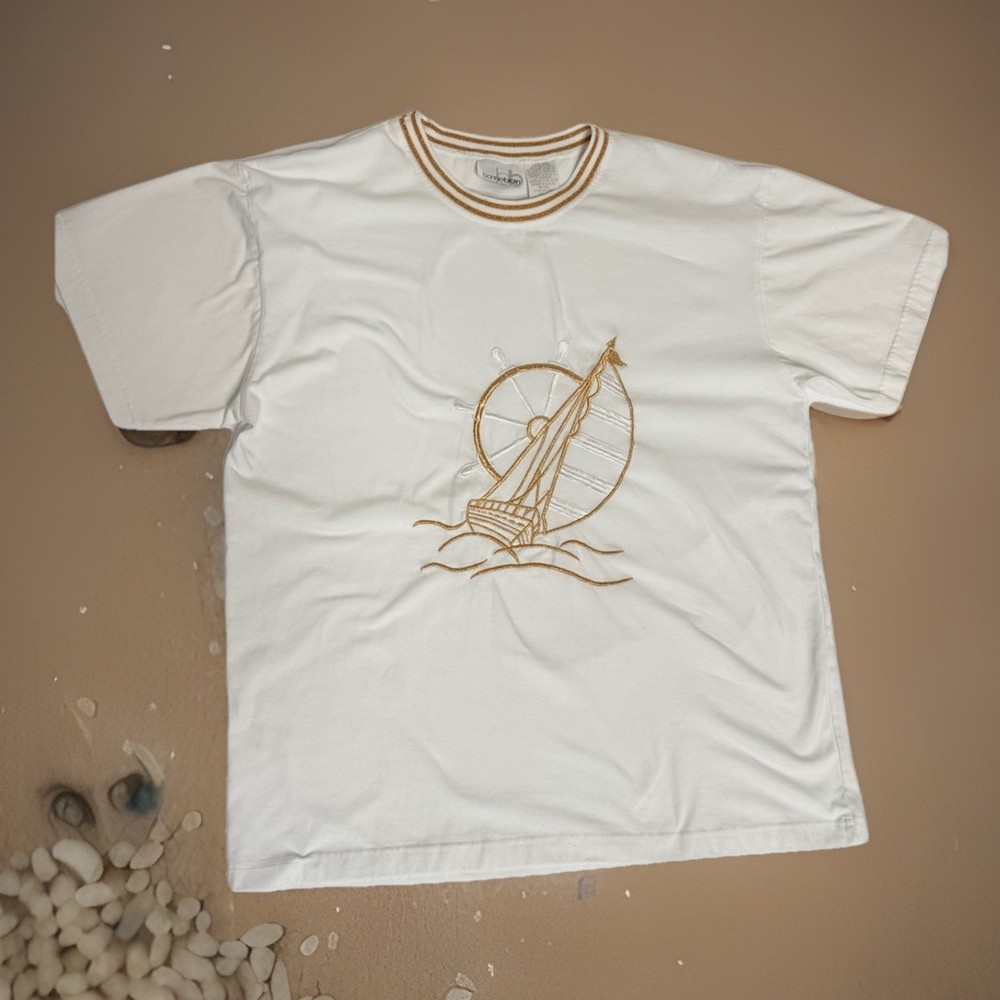 Vintage Bonnie Blain Gold Sailboat Embroidered Tee XL Gold Contrast Collar RETRO