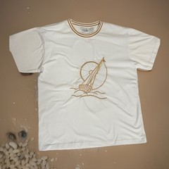 Vintage Bonnie Blain Gold Sailboat Embroidered Tee XL Gold Contrast Collar RETRO