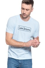 Lee Jeans Logo Print T-Shirt Men Medium Cotton Regular Fit Short Sleeve Sky Blue