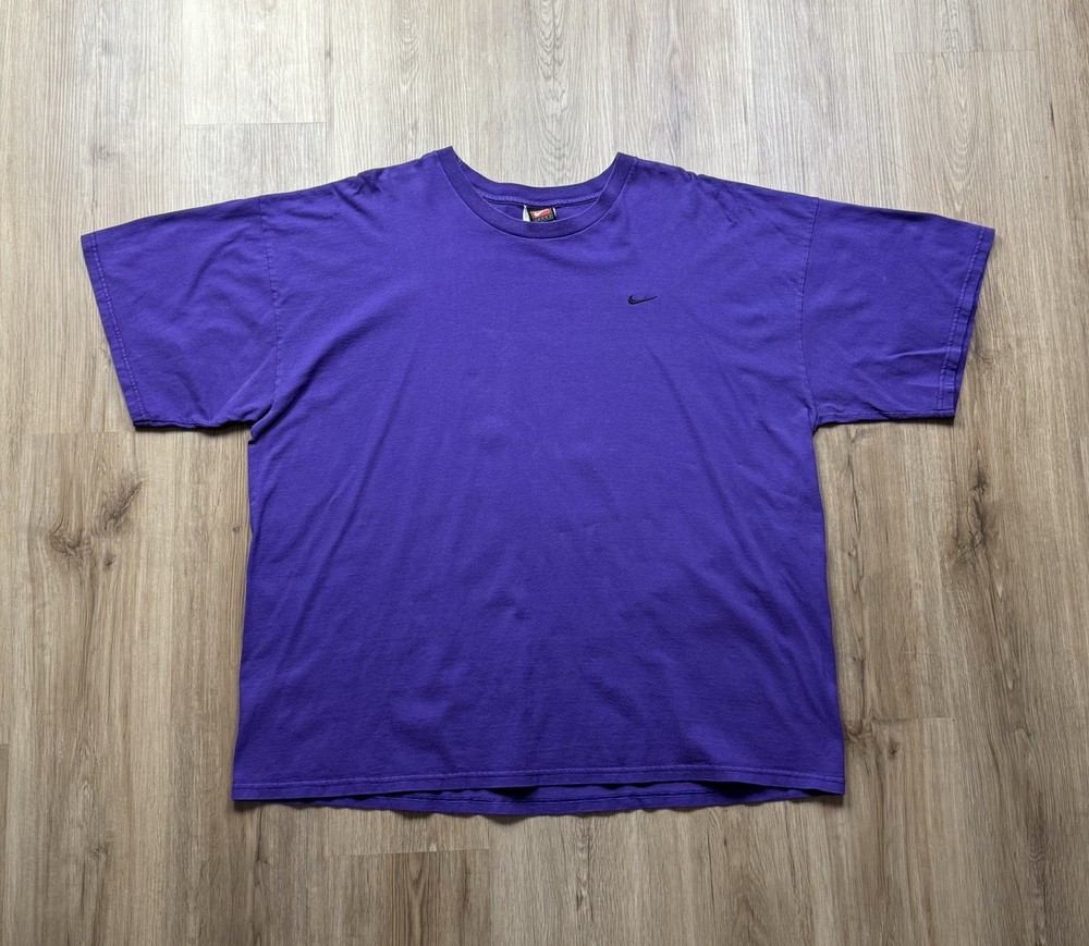 VINTAGE Nike Team Purple Small Swoosh T-Shirt Size XXL Essentials Embroidered