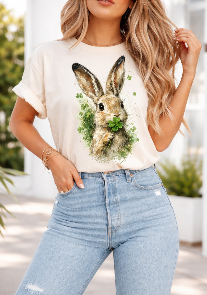Shamrock & Bunny Print Shirt, St. Patrick’s Day Clover Art Shirt, Irish Day Tee