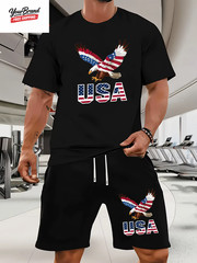 Fashion American Flag Graphic Print T-Shirt Shorts 2-Piece Set Casual Men’S USA