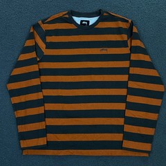 Stussy T-Shirt Mens Medium Gray Orange Wide Stripe Crewneck Logo Long Sleeve