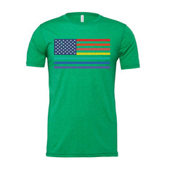 Unisex American Flag Tee With Rainbow Stripes Graphic Across Chest For Pride And