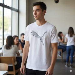 PUMA Mens T-Shirt XL White Cotton Stretch Maxi Cat Logo Graphic Tee Summer Tee