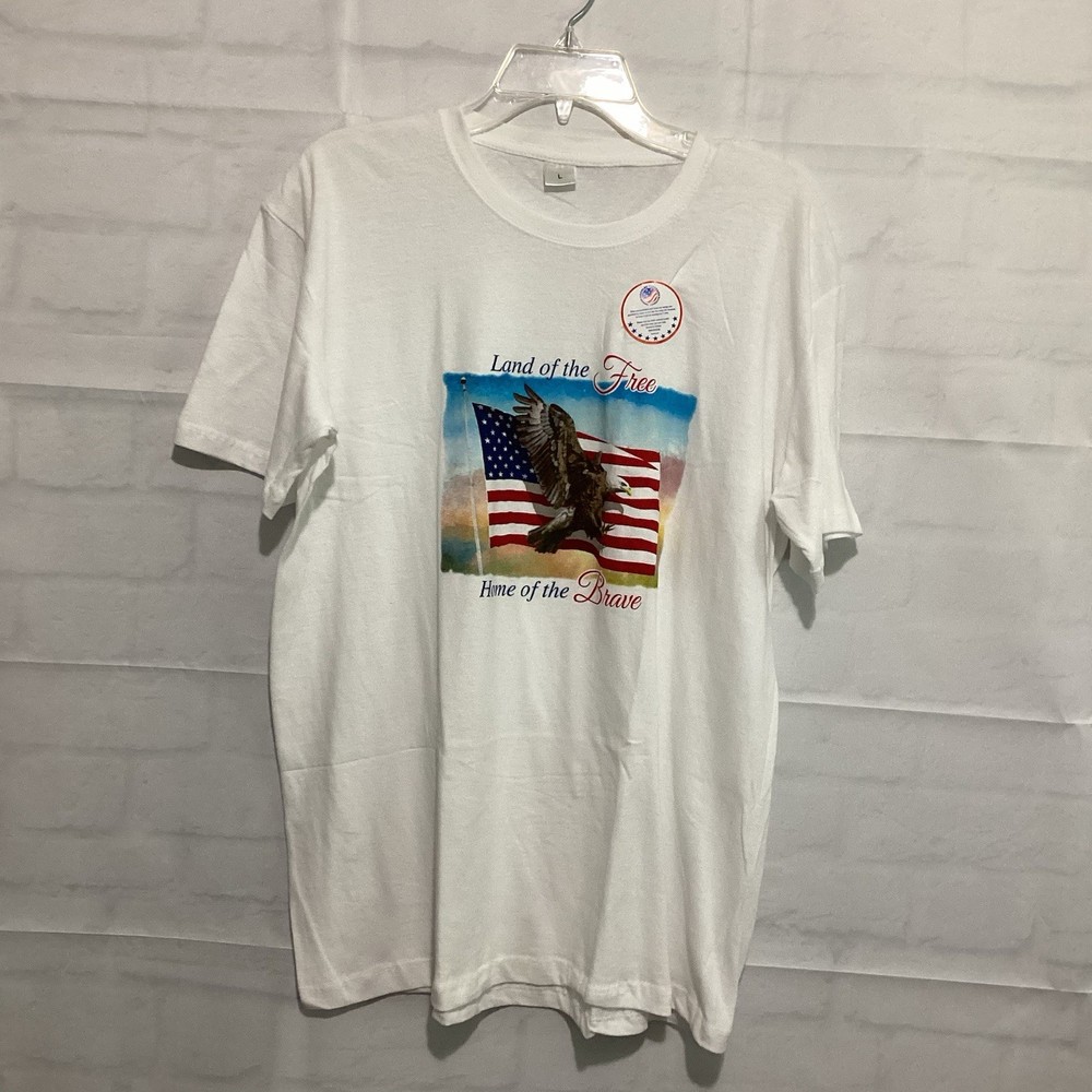 Men’s White Size L Land Of The Free Home Of The Brave T-Shirt America Freedom