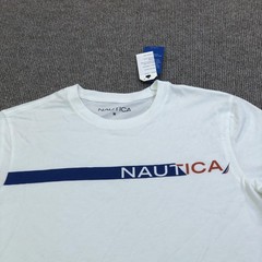 Nautica Shirt Mens Medium White Logo Stripe Graphic Tee Tagless Nautical