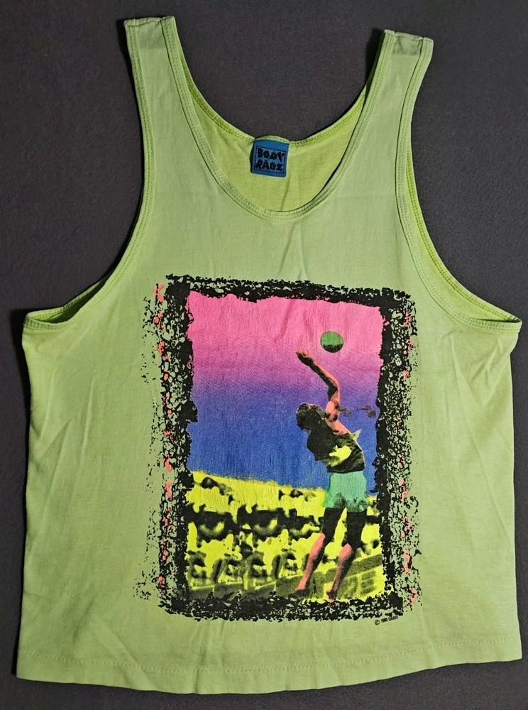 Vintage 1990 Body Ragz Volleyball Tank Top Neon Green Sz Med Oasis Zoo Crew Rare