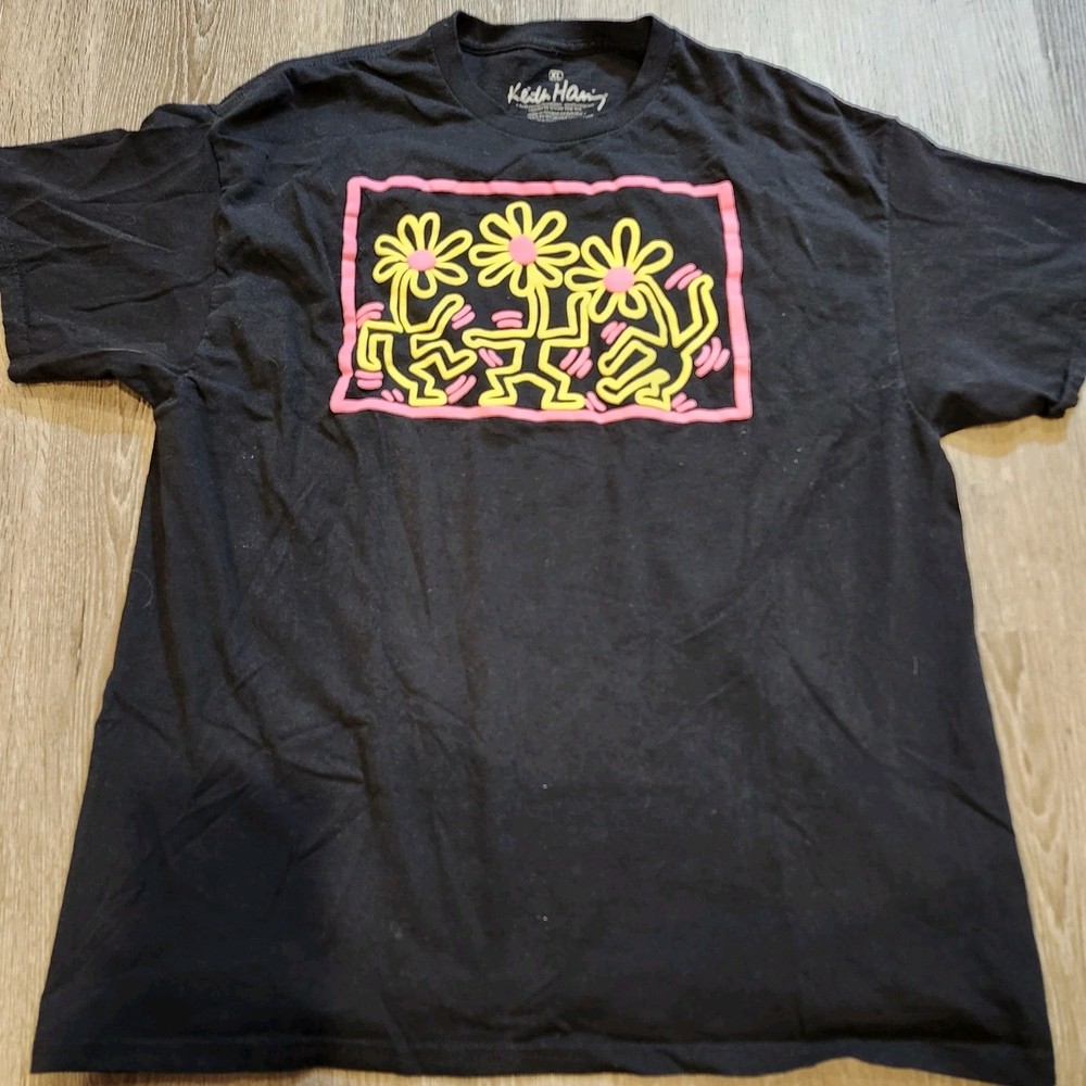 Keith Haring Dancing Flowers T-Shirt Mens XL Black Pink Yellow Pop Art 2 Sided
