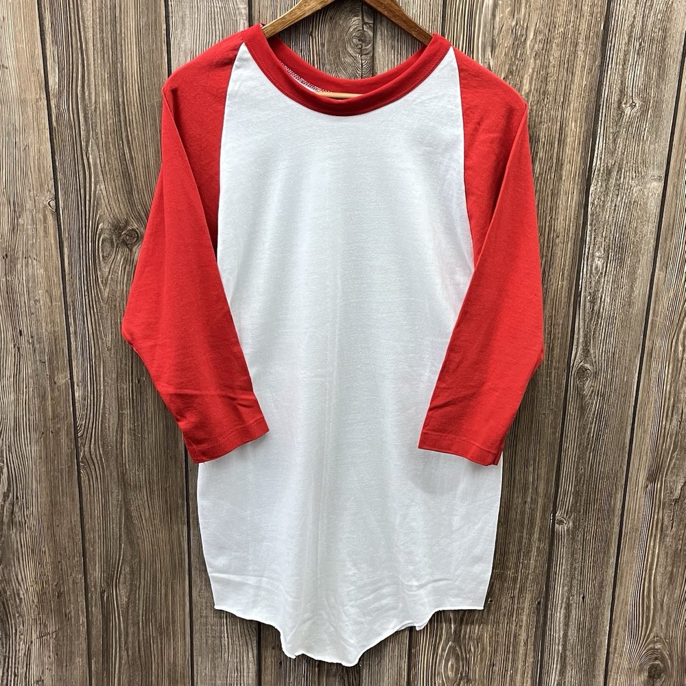 Vintage Russell Athletic Raglan 3/4 Sleeve Baseball Shirt USA Made Red White XL