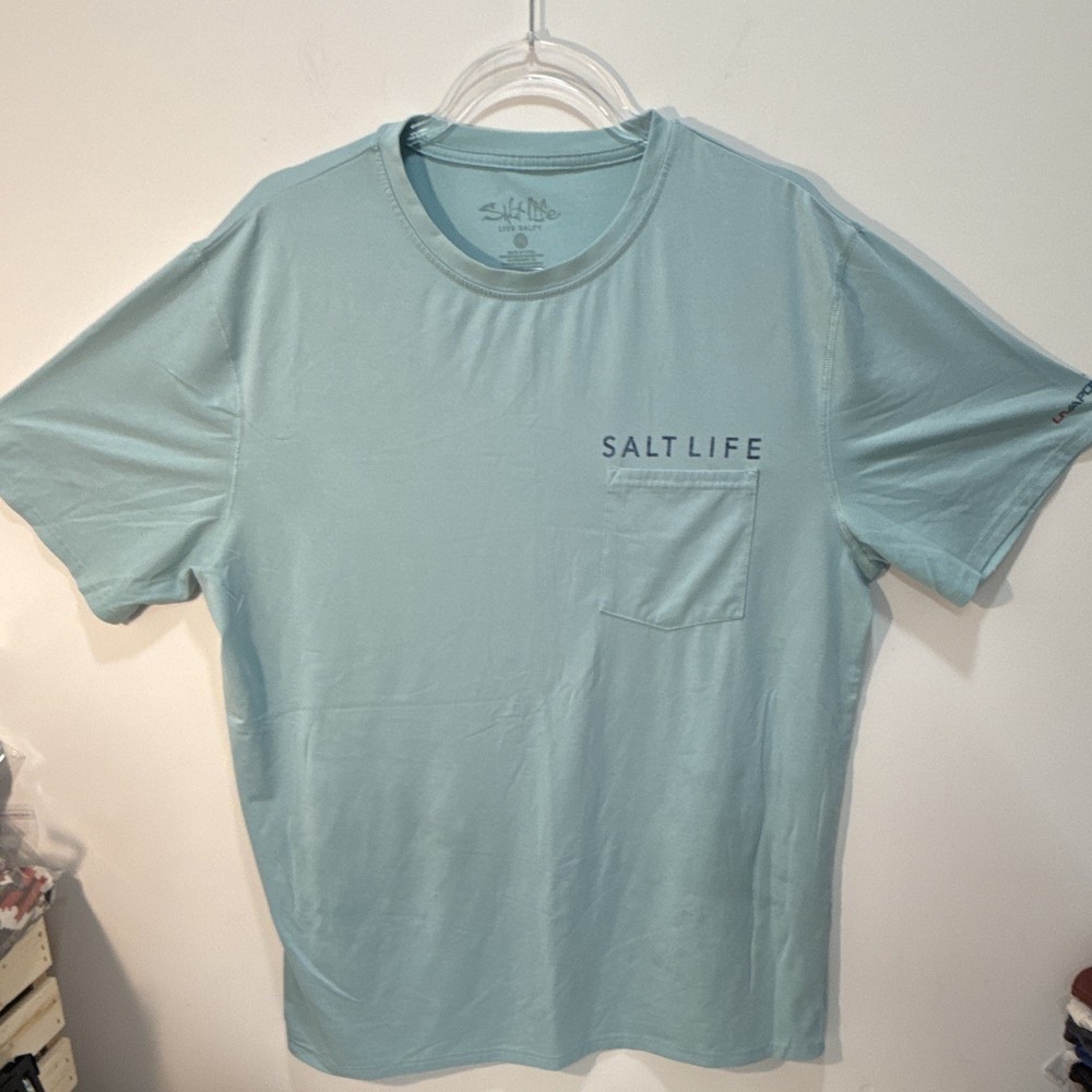 Salt Life Vapor Men’s Blue Graphic Logo Pocket Polyester Knit Tee Crew XL