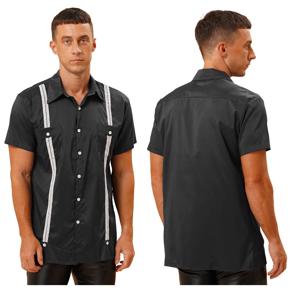 Mens Contrast Color Stripe Shirt Casual Turn-Down Collar Short Sleeve Button Top