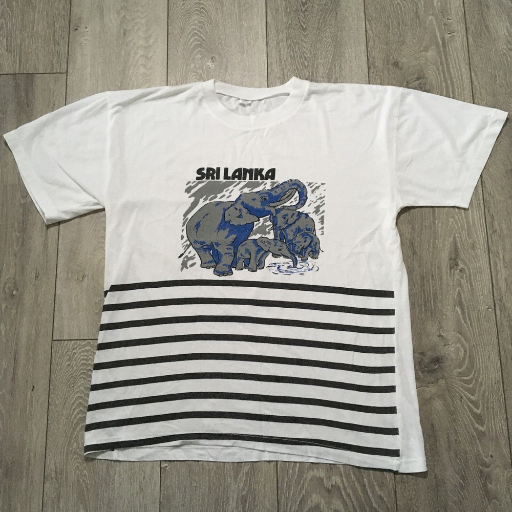 Vintage Sri Lanka Shirt Mens XL White Cotton Elephant Graphic Single Stitch Slim