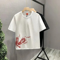 Men’s White Embroidery 100% Cotton O-Neck T-Shirt Korean Style Tee