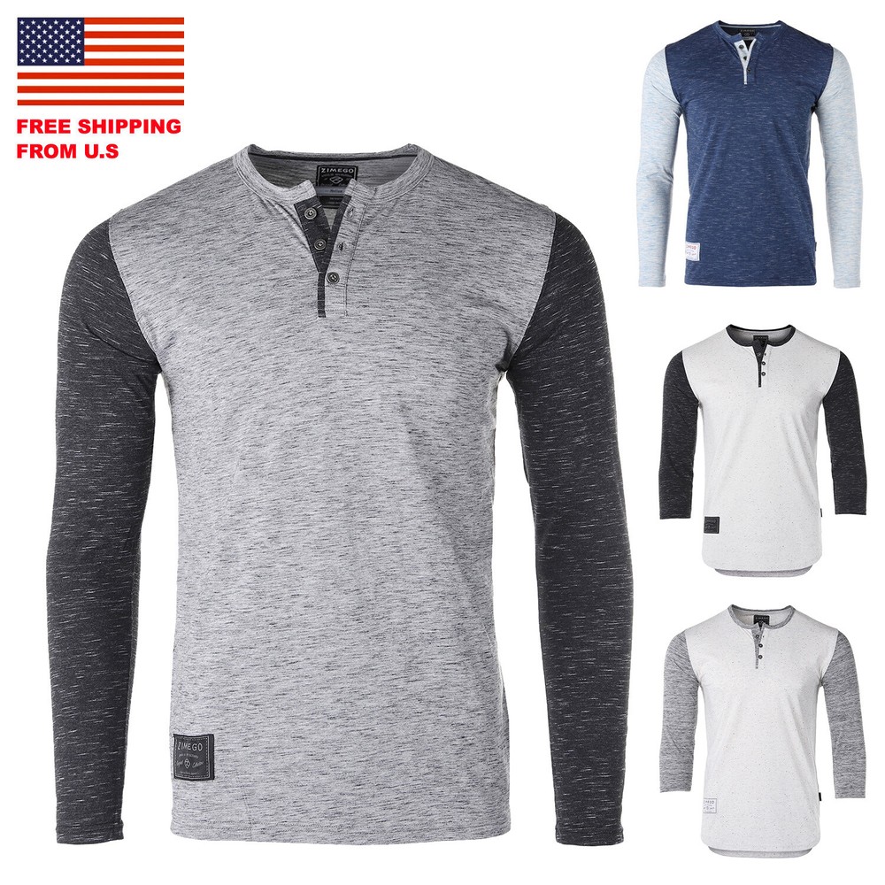 ZIMEGO Mens Contrast 3/4 and Long Sleeve College Button Henley Athletic T Shirt