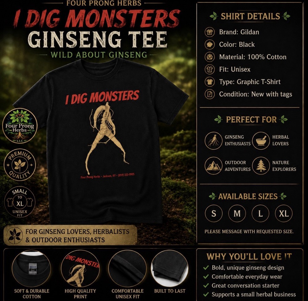 Four Prong Herbs I Dig Monsters Ginseng Shirt Black Gildan Unisex Tee NWT