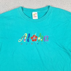 Vintage 90s Teal Aloha Hawaiian Flower Tee Size XL Retro Tropical Beach T Shirt