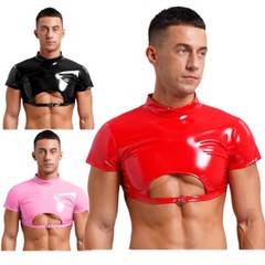 Mens Clubwear Nightout Crop Top Shiny Vest Halloween Costume Half Tops Glossy