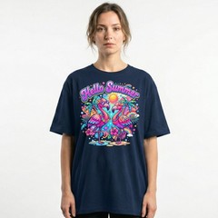Hello Summer Tropical Flamingo T-Shirt Retro Neon Beach Vacation Holiday Tee
